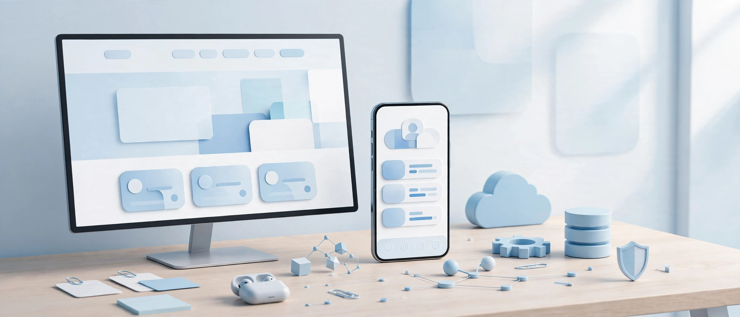 Web ve mobil ürün geliştirmeyi temsil eden modern dijital çalışma alanı