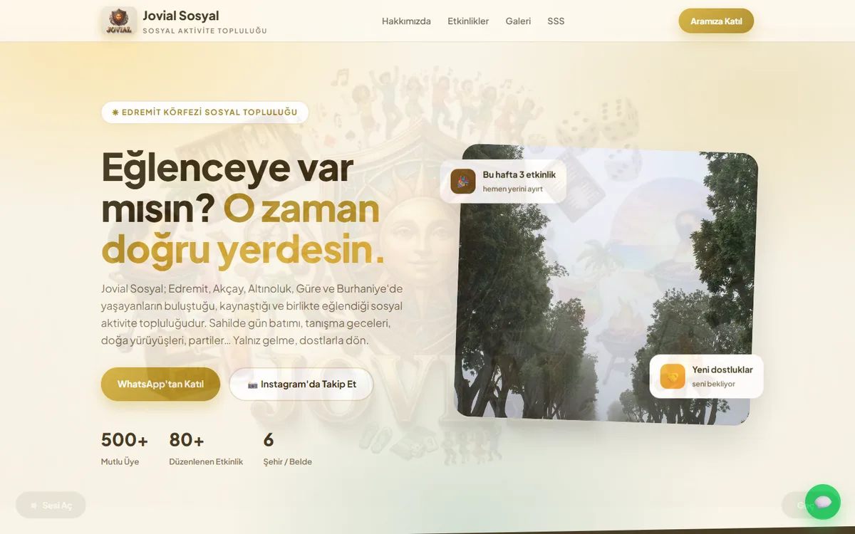 Jovial web sitesi ana sayfa görünümü